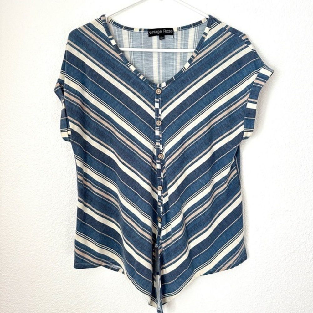 Vintage Rose Casual Top Women’s L Short Sleeve Striped Lightweight V-Neck Shirt